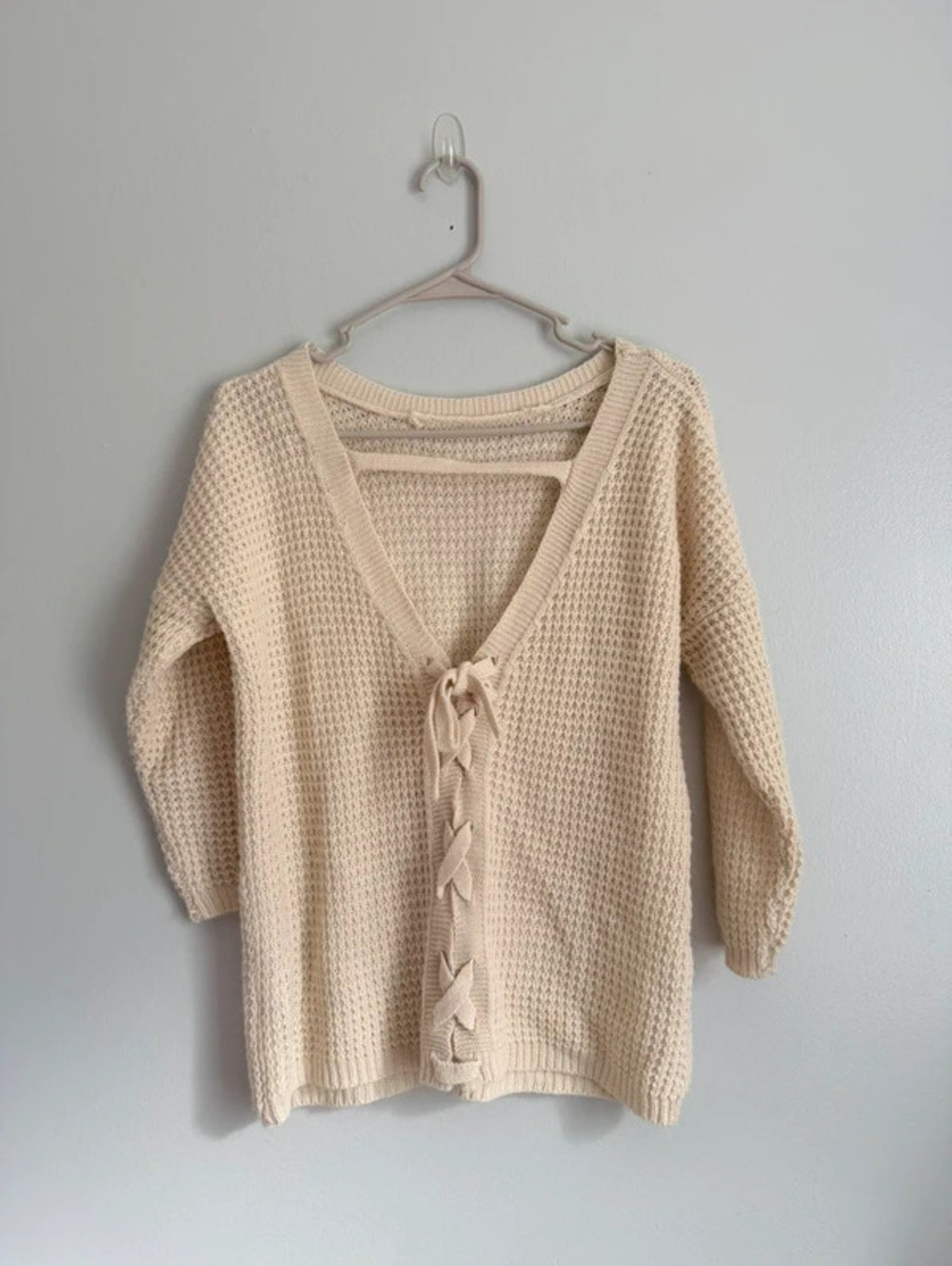 Urban Day Cream Waffle Knit Lace Up Back Sweater S/M